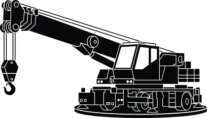 Mobile crane silhouette, telescopic boom arm, heavy lifting equipment, construction machinery, industrial transport tool, black icon design, flat vector © MstFerdushe