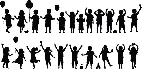 Children silhouettes playing, holding toys, jumping, dancing, joyful poses, celebration mood, black icons, expressive movement, happy kids, flat vector