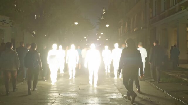 Group of silhouetted people walking away from camera in unison. One silhouette starts emitting their own light and becomes a beacon in the crowd who start to illuminate also , spreading through