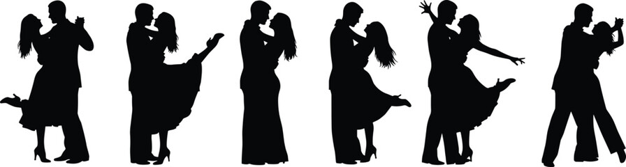 Dancing couple silhouettes, ballroom poses, elegant movement, formal attire, romantic dance, black icons, graceful steps, partner rhythm, flat vector