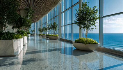 Fototapeta premium Modern indoor walkway with large windows overlooking the ocean and lush potted plants