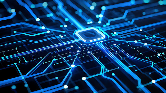 Abstract futuristic blue neon glowing circuit board microchip with data streams and connections representing technology and innovation
