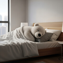 A big white teddy bear peacefully sleeping in a cozy bed