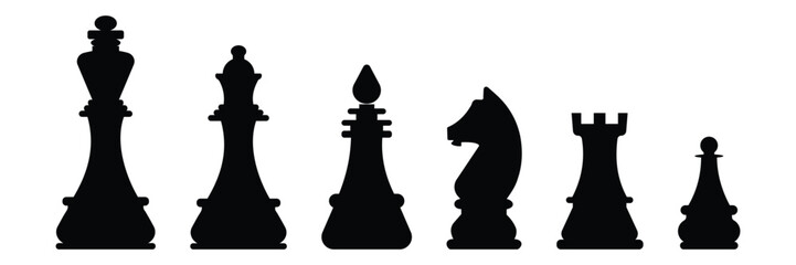 Chess piece icons. Simple game element illustration. Silhouette of king, queen, horse, pawn, rook and soldier chess piece on a white background. Vector illustration.