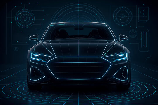 Futuristic AI car design with sleek lines and glowing accents, set against a digital background showcasing advanced technology and innovative automotive vision