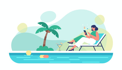 Relaxing poolside woman uses phone tropical leisure digital connection
