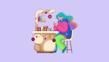 Woman using smartphone at a vibrant holiday bar counter with gifts and ornaments