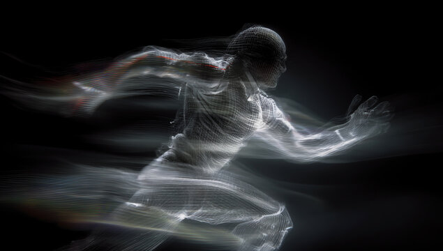 Abstract light painting of a running figure in motion against a dark background