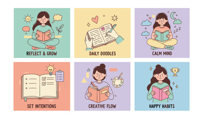 Personal development routines collage wellness mindfulness journaling reading and happy habits