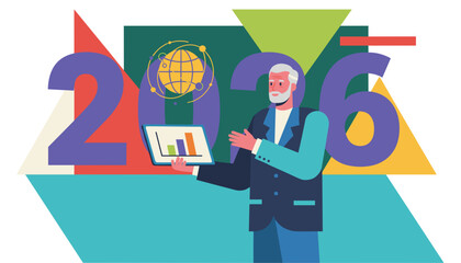 Global business strategy for 2026 Executive presenting data illustration