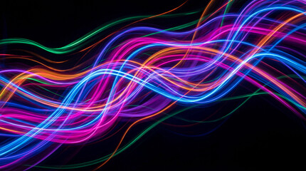 Colorful glowing neon wave lines flowing on black background