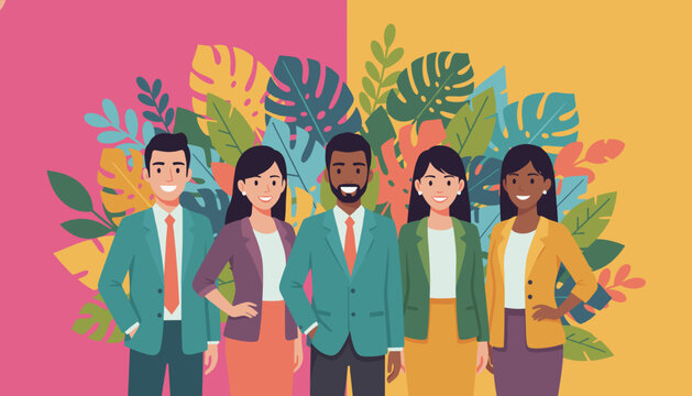 Diverse professional team portrait Business inclusion and tropical leaves background illustration