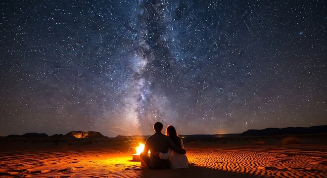 Romantic couple enjoying a campfire under the breathtaking Milky Way galaxy at night. - Powered by Adobe