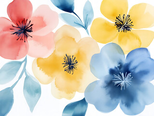 Minimal watercolor blossom illustration with soft lemon-yellow, hazy-blue, coral-pink blending and delicate serif typography