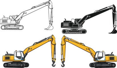 Excavator silhouettes and illustrations, construction machinery, boom and hook arms, equipment comparison, industrial tools, heavy vehicles, black icons, flat vector © MstFerdushe