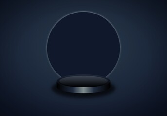 Elegant Dark Blue Product Display Podium with Silver Accents and Circle Backdrop, Mockup Design