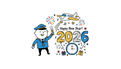 Pilot celebrating 2026 New Year with toast and airplane Travel aviation and holiday concept illustration