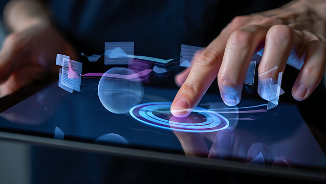Close up of a person s hands interacting with a futuristic holographic interface displaying glowing digital data and charts on a dark background - Powered by Adobe