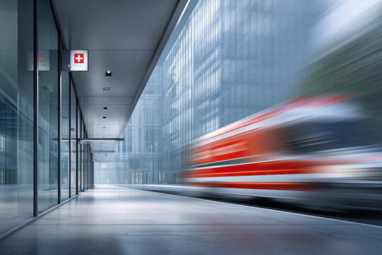 Modern urban scene with blurred train passing by glass building, showcasing dynamic city life