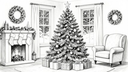 A coloring book of a cozy christmas living room with tree and fireplace for holiday decoration inspiration
