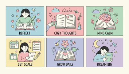 Six pastel illustrations depicting selfcare concepts reflection goals journaling growth and relaxation