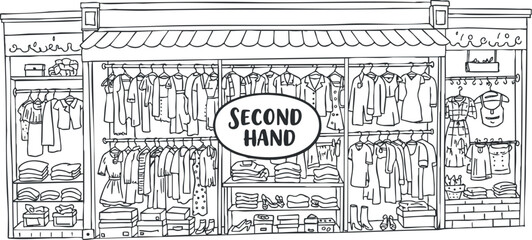 A second hand clothing store illustration in minimalist black and white line art style, suitable for eco-friendly fashion branding