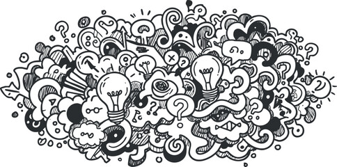 A whimsical doodle illustration featuring lightbulbs and swirling patterns in black and white vector style, perfect for creative projects and brainstorming themes