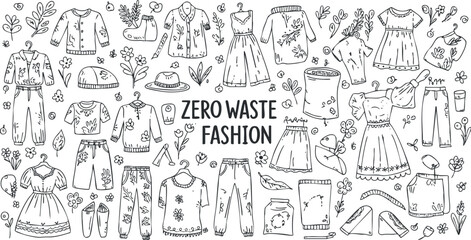 A collection of zero waste fashion illustrations featuring various clothing items and accessories in hand-drawn vector style, perfect for sustainable fashion projects