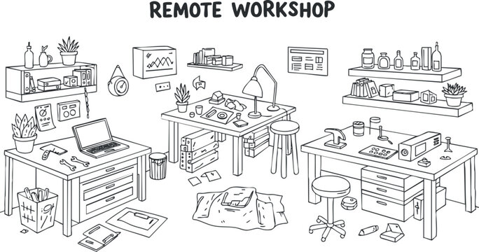 A remote workshop illustration featuring desks, tools, and creative supplies in a clean line art vector style, perfect for home office design