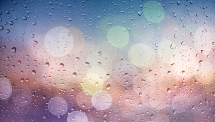 Abstract texture of rain drops on a wet window glass surface against a blue light