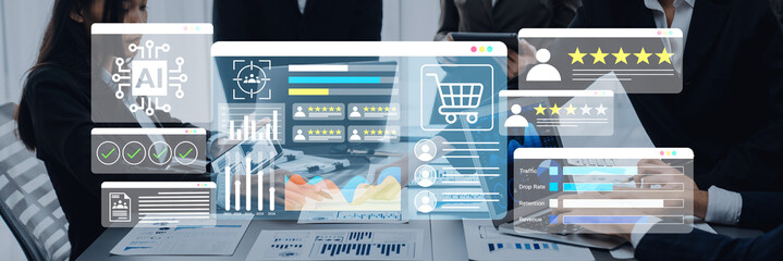 A contemporary business meeting showcases digital interfaces illustrating data insights, AI trends, shopping cart metrics, and customer feedback in a dynamic office setting. Gantry