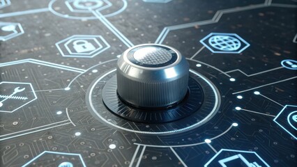 A futuristic control knob surrounded by digital interface elements and icons, suggesting themes of technology and interaction.