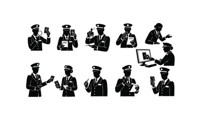 Airport immigration officer in various poses checking passport depicted as a silhouette isolated on white background for graphic design purposes