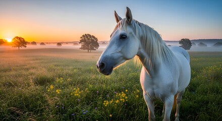 White horse sunrise field landscape equine animal nature morning meadow grass outdoors sunlight scenic farm