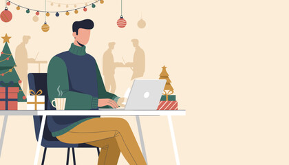 Festive office work Man typing on laptop near Christmas tree and gifts Holiday business concept illustration