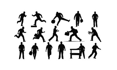 Dynamic silhouette of an ambulance driver rushing to an emergency in various poses isolated on white background