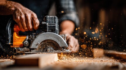 Skilled hands operate a circular saw, creating sparks and wood dust.