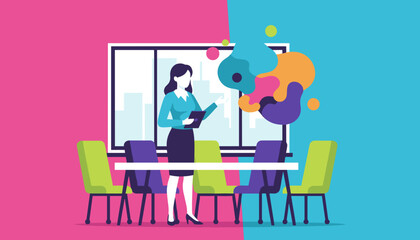 Professional woman presenting ideas in a modern colorful office meeting room Innovation and leadership concept
