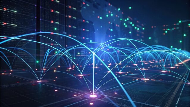 A futuristic digital landscape featuring glowing connections and data pathways, symbolizing network communication and technology.