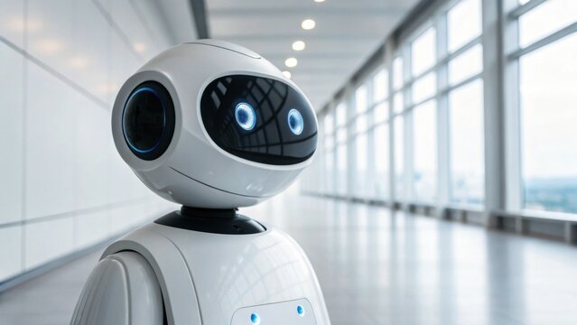 A friendly robot with glowing blue eyes stands in a modern, spacious corridor, showcasing advanced technology and futuristic design.