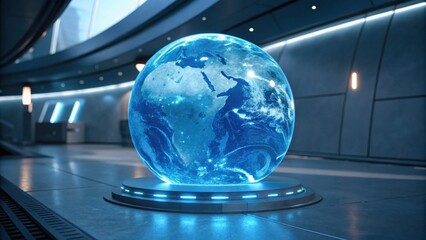 A glowing, futuristic globe displaying Earth"s continents, placed on a sleek base, illuminated in a high-tech environment.