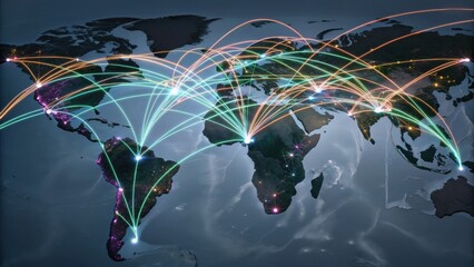 A digital map showcasing global connections with colorful lines representing data exchanges across continents.