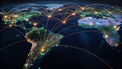 A digital map showing global connectivity with illuminated paths representing data connections between continents.