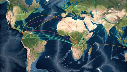 A colorful world map showing global connectivity with various routes drawn between continents and regions.