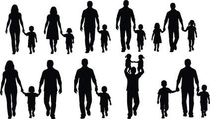 Family group silhouettes, diverse parenting poses, adults with children, caregiving moments, bonding interaction, black icons, love and care, flat vector