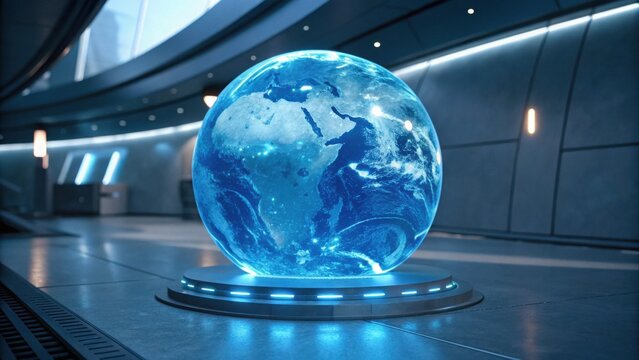 A glowing, futuristic globe displaying Earth"s continents, placed on a sleek base, illuminated in a high-tech environment.