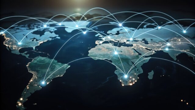 A digital depiction of a world map illustrating global connections with luminous lines representing data flow and communication across continents.