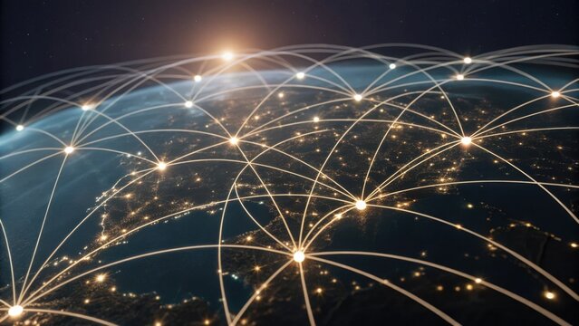 A digital illustration of a global network, showcasing interconnected nodes over a view of Earth, symbolizing communication and technology.