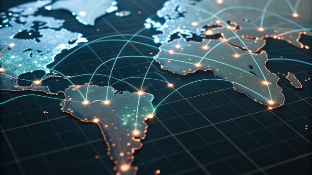 A digital map showcasing global connectivity with illuminated lines representing networks and data flow across continents. - Powered by Adobe
