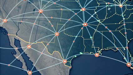 A digital map showing interconnected networks across the southern United States, highlighted by nodes and lines representing data connections.
